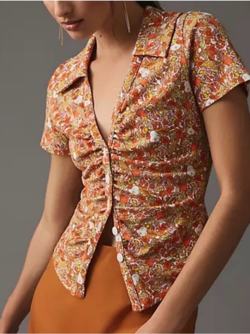 Maeve Anthropologie Orange Floral Ruched Button-Down Top